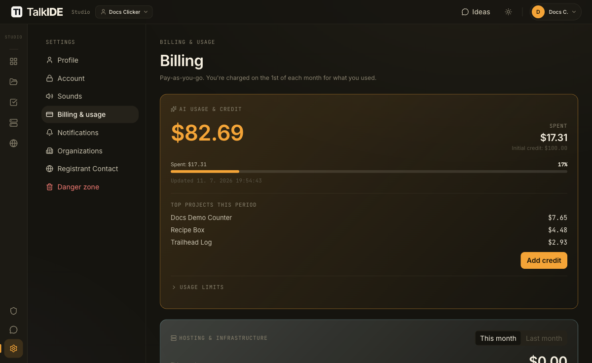 The Billing page overview, showing the AI credit card, an Add credit button, a spending limit field, the payment method row, and the invoices section below.