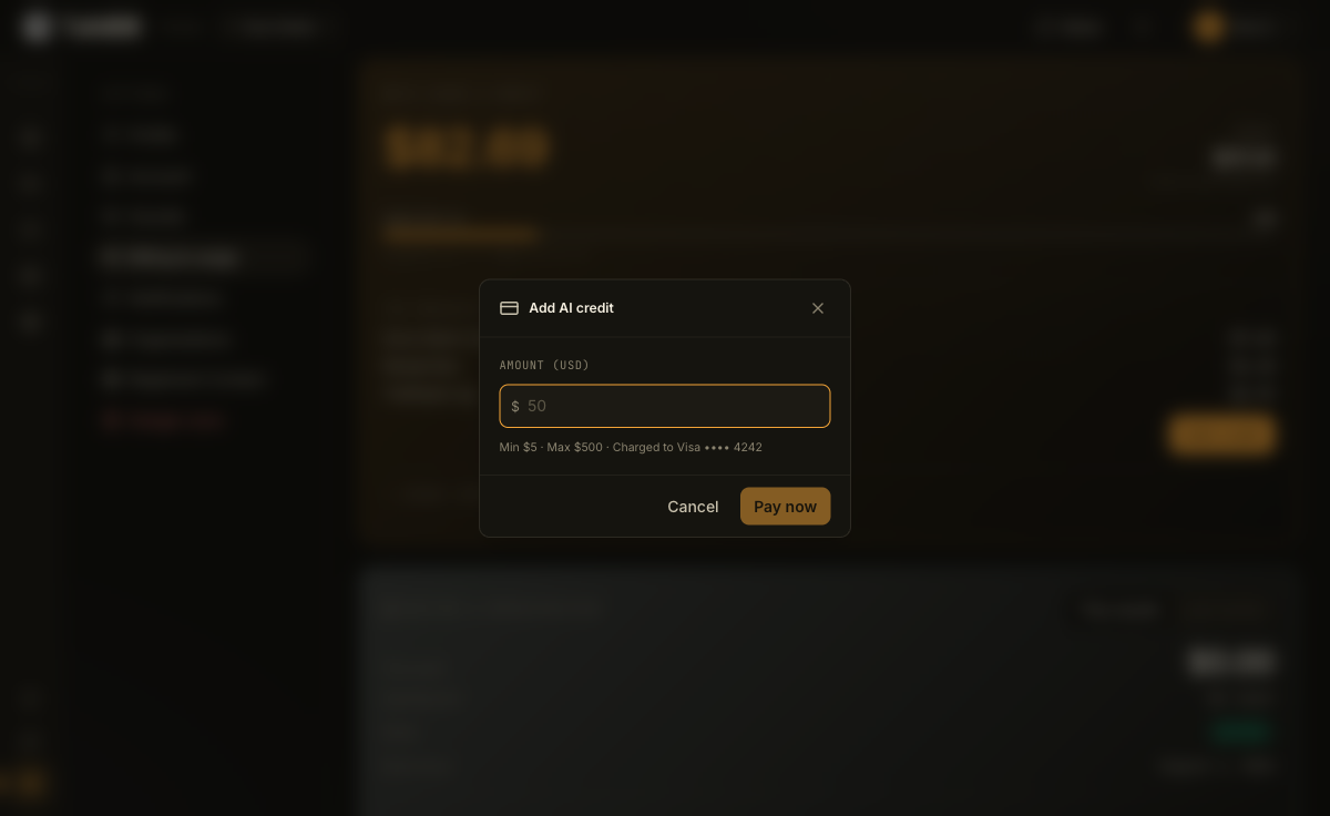 The Add AI credit dialog with an empty amount field and a disabled Pay now button.