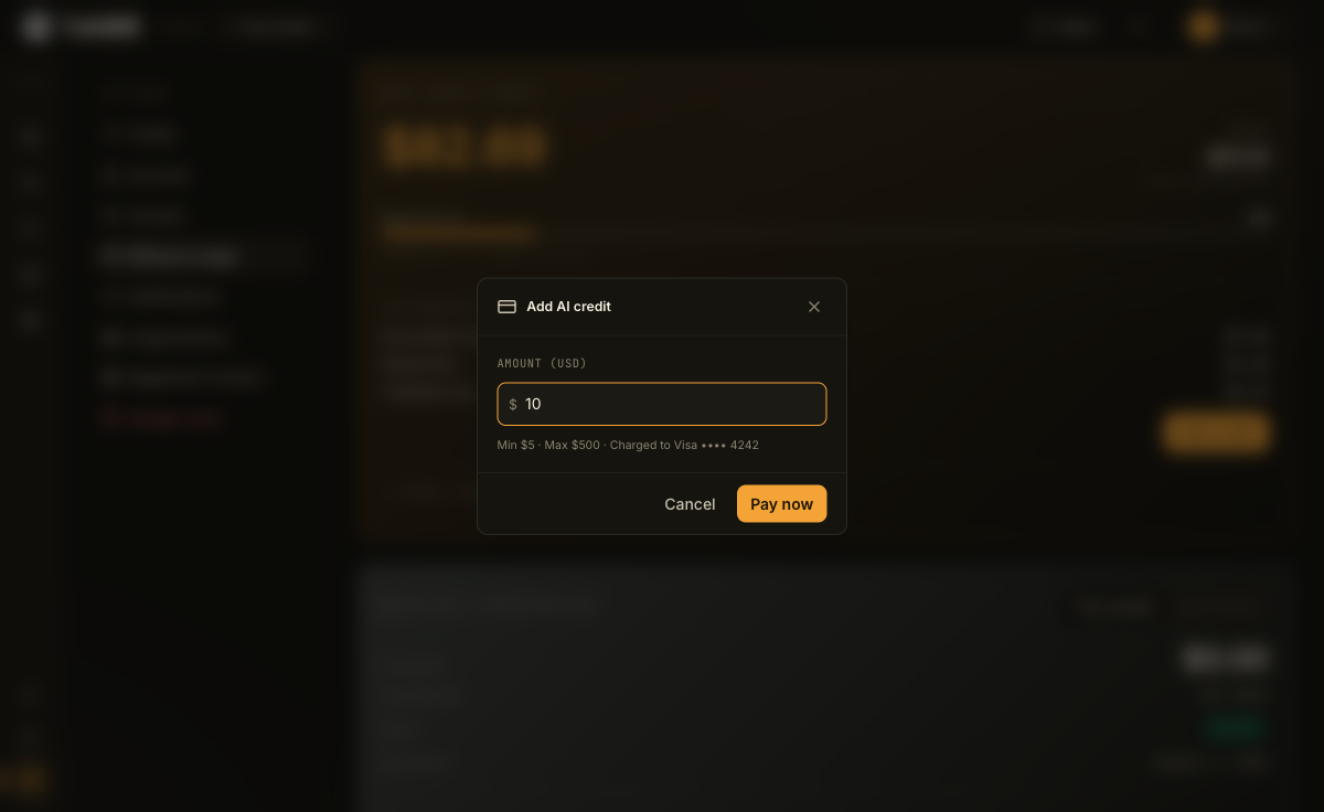 The Add AI credit dialog with an amount entered and the Pay now button now enabled.