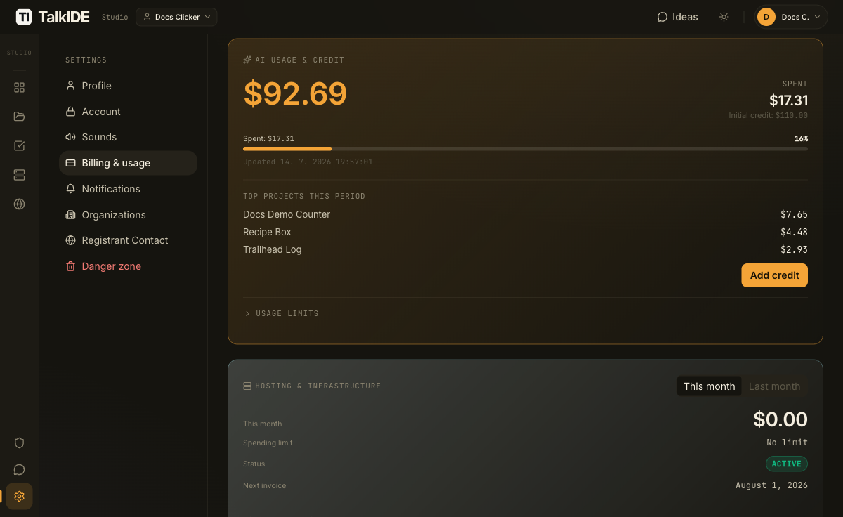 The top-up confirmation toast next to the updated AI credit balance.
