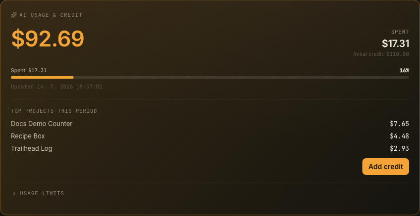 The AI credit card showing the updated balance after a top-up.