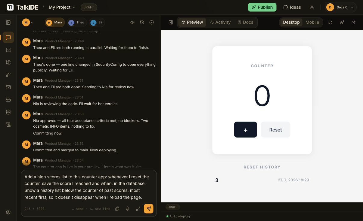 The feature request message about to be sent to Mara, with the prior build history for the counter app visible above it in the chat.