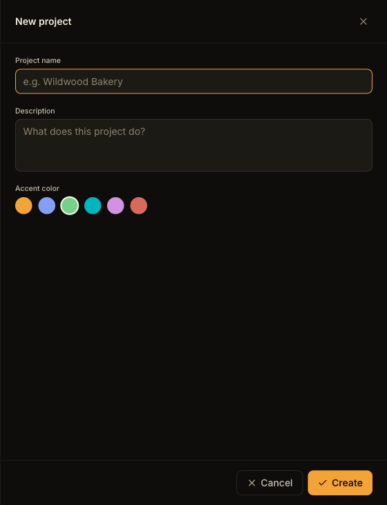 The New project dialog with empty Project name and Description fields and six accent color options.