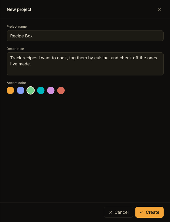 The New project dialog filled in for a "Recipe Box" project, with a one-line description and the Emerald accent color selected.