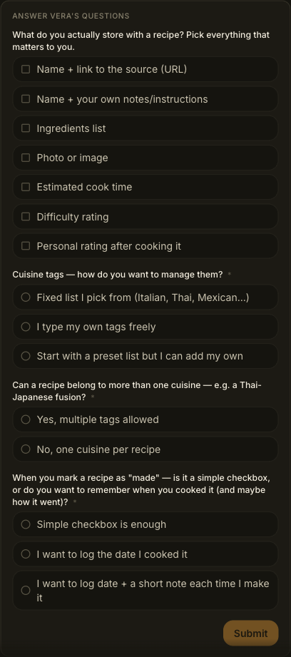 Vera's "Answer Vera's questions" block, with multiple-choice questions and a Submit answers to Vera button.