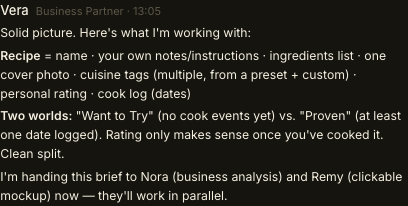 Vera's plan summary in the chat, outlining the app's data model and handing off to Nora and Remy for the business analysis and mockup.