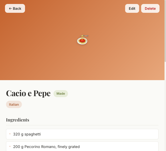 Mockup recipe detail view for Cacio e Pepe, with a green "Made" badge, a cuisine tag, and an ingredients list.