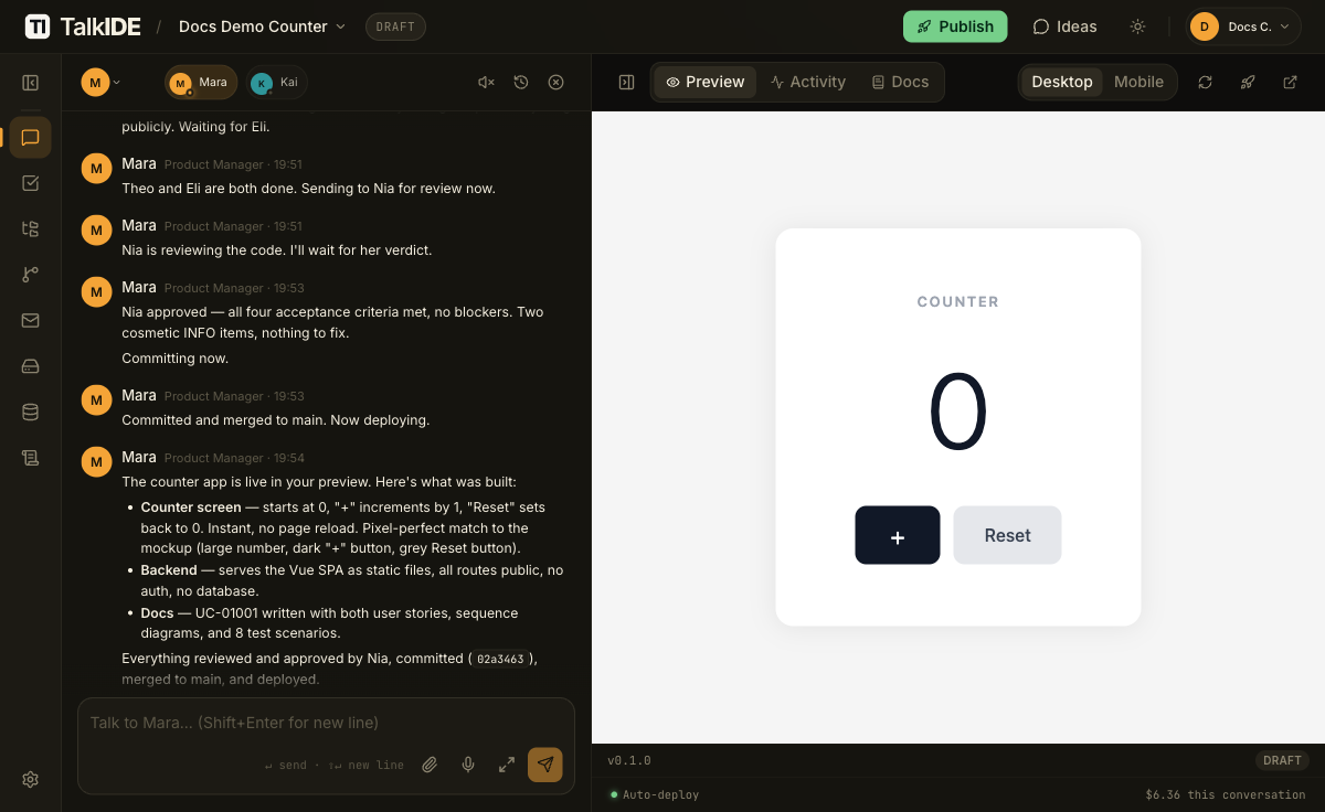 A working counter app rendered in the Preview panel, with a value and plus and reset buttons, and a chat message saying the app is live in the preview.