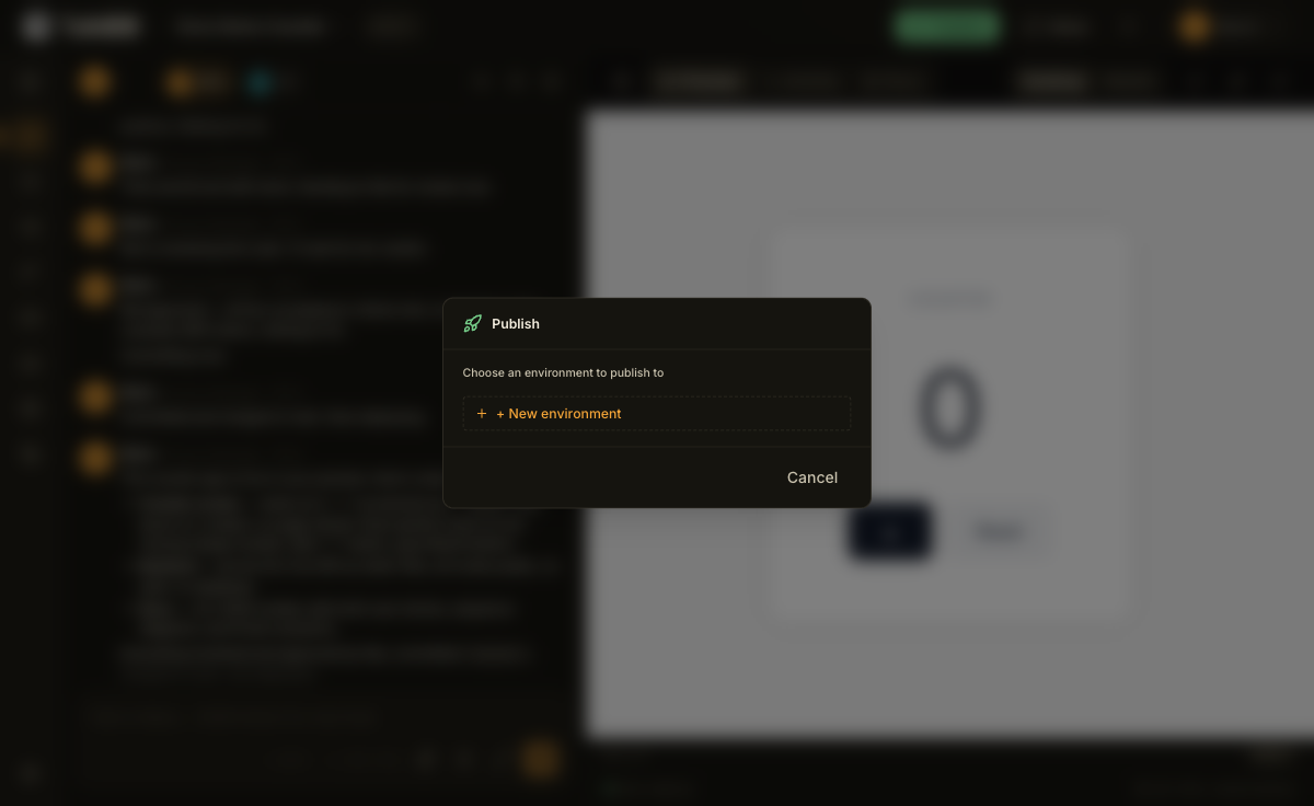 The Publish dialog, titled Publish, asking you to choose an environment to publish to, with a plus New environment button.