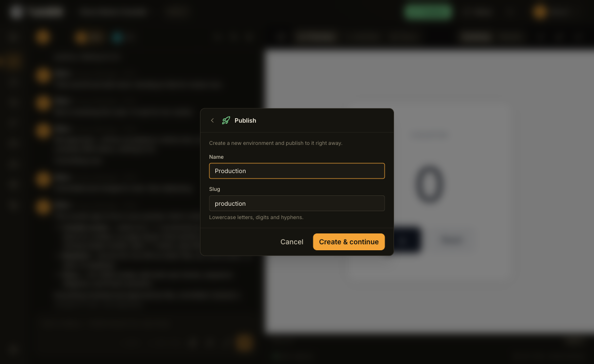 The new-environment step, with Name and Slug fields and a Create and continue button.