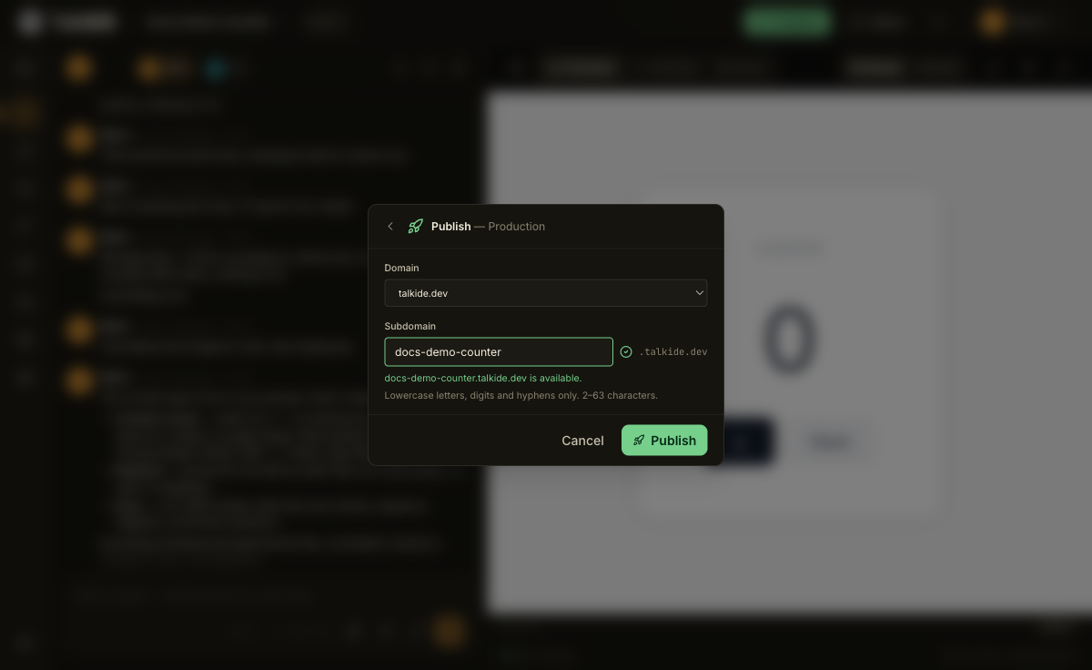 The subdomain step, with the domain set to talkide.dev, a subdomain field filled in, a green checkmark, and a message confirming the address is available.