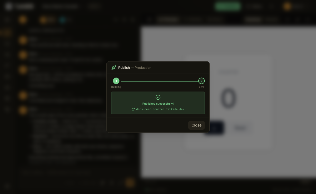 The publish progress stepper showing Building and Live both complete, with a green Published successfully panel and a clickable link to the live address.
