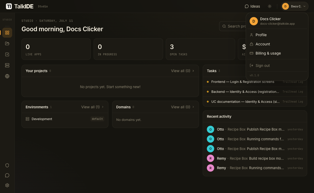 The avatar menu open, showing Profile, Account, Billing and usage, and Sign out options.