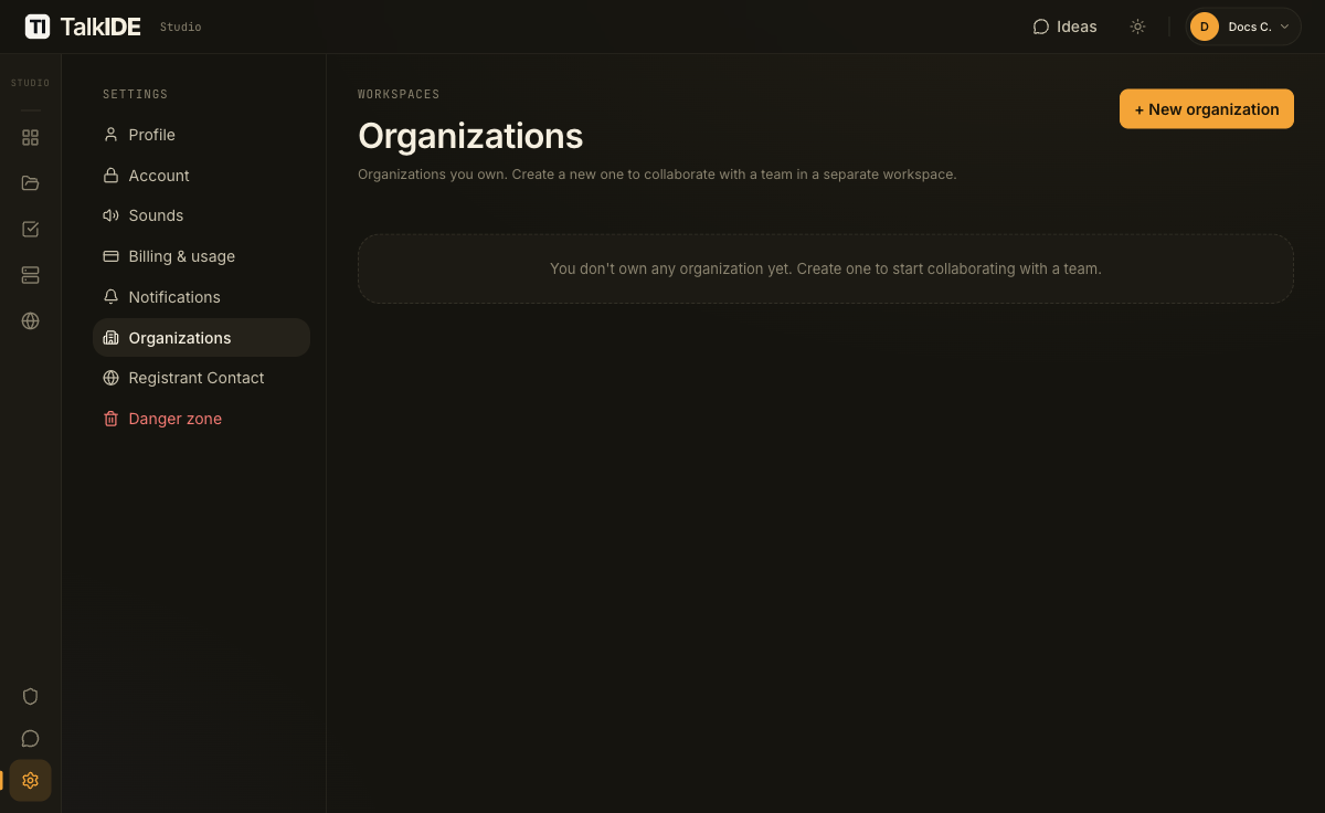 The Organizations tab with no organization yet, showing an empty state and a New organization button.
