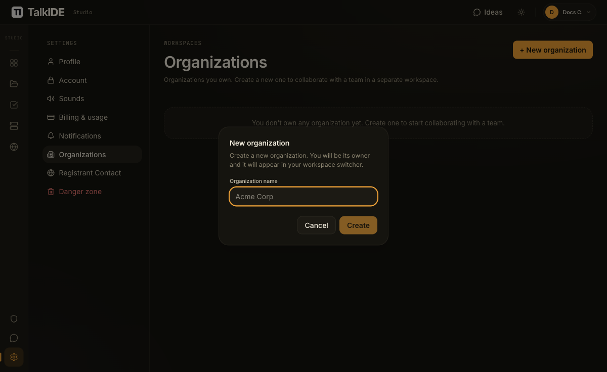 The New organization dialog with an empty Organization name field and a disabled Create button.