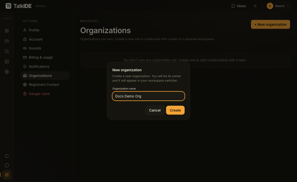 The New organization dialog with the name filled in and the Create button now enabled.