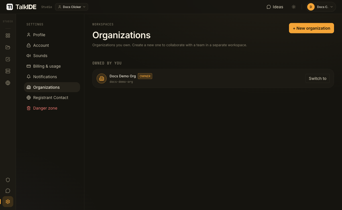The organization list right after creation, showing the new organization under "Owned by you" with an Owner badge and a Switch to button.