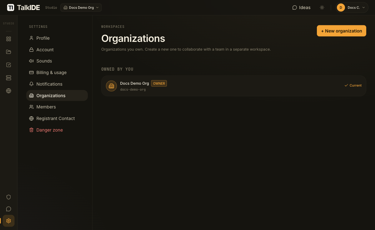 The Organizations tab after switching in, with the organization marked as current and a Members tab now visible.