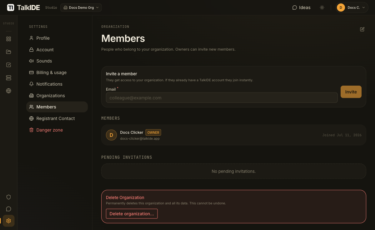 The Members tab before inviting anyone, showing the owner in the members list, an Invite a member form, and no pending invitations.