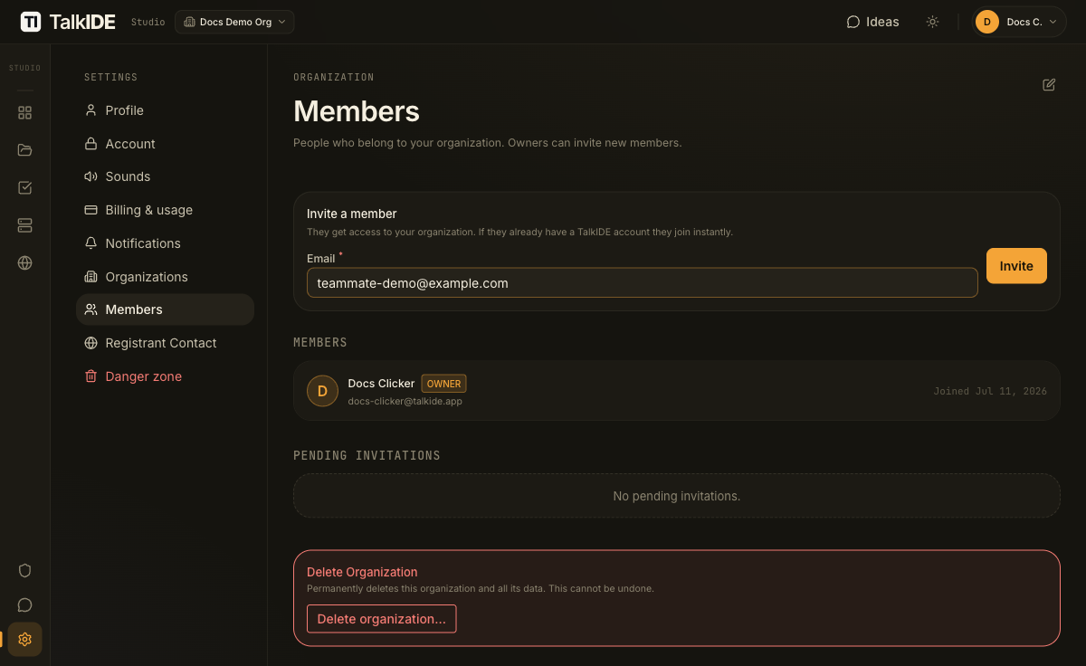 The invite field with an email address entered and the Invite button now enabled.