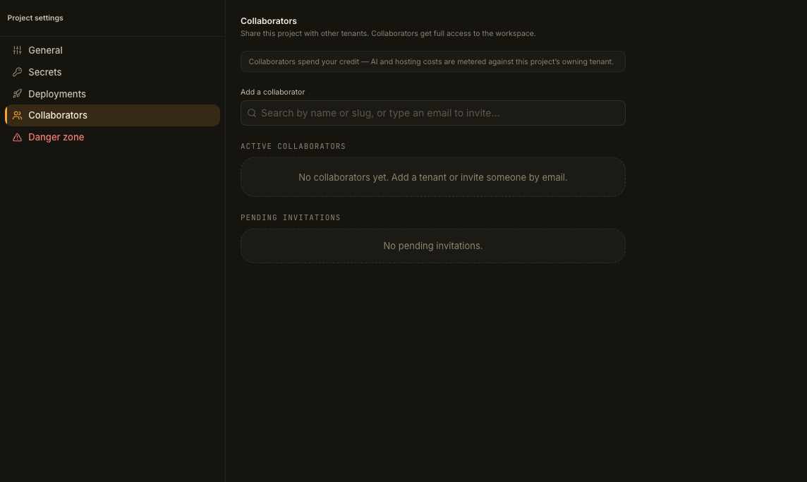 The Collaborators section of Project settings, showing the empty Add a collaborator field and the empty Active collaborators and Pending invitations lists.