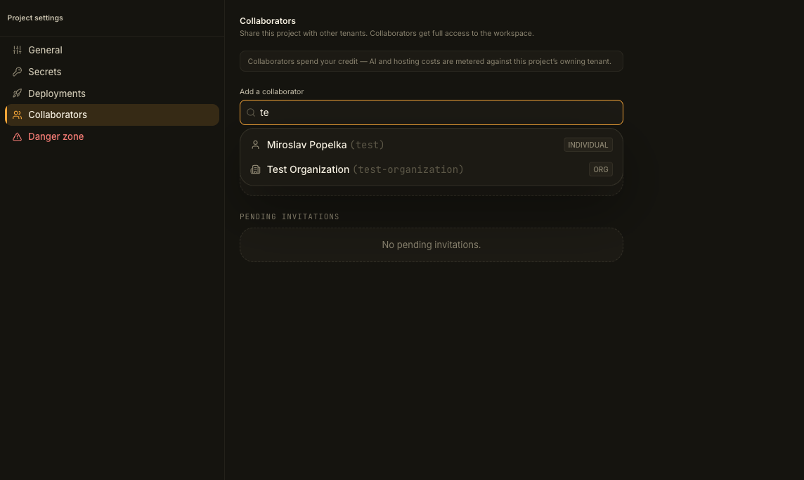 The Add a collaborator field with a search dropdown listing a matching individual account and an organization account, each with a type badge.