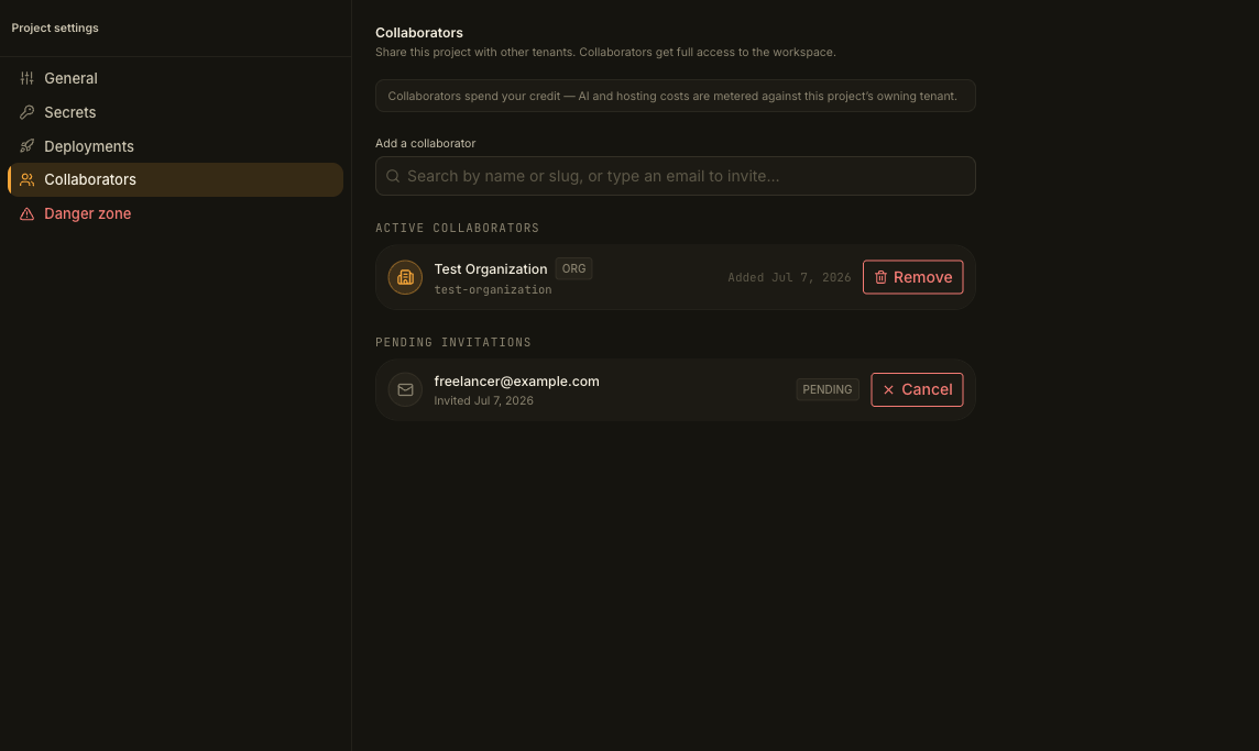 The invited email address listed under Pending invitations, marked as pending, with a Cancel button.