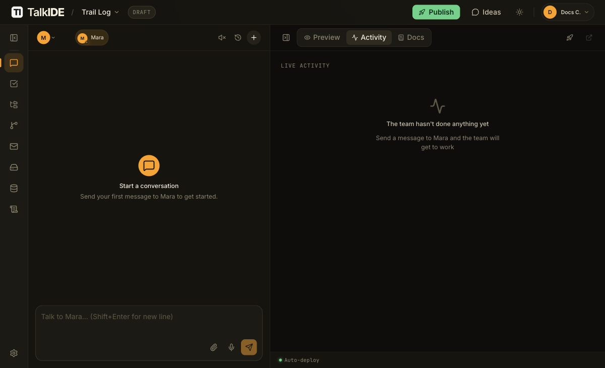 The IT team's chat panel with Mara before any conversation has started, showing the composer with attach, microphone, and send controls, and an empty Live Activity panel.